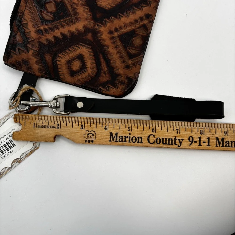 Hide Junkie Wristlet Women Brown Aztec Tooled Leather Zip Clutch Made in USA